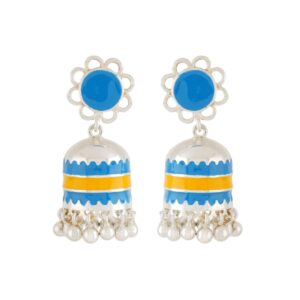92.5 sterling silver jhumkas with turquoise blue and yellow enamel
