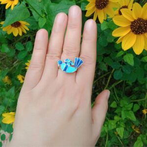 925 sterling silver blue enamel bird ring