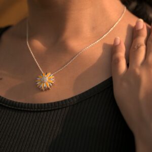 92.5 sterling silver sunflower pendant with yellow enamel