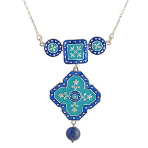 Exquisite 925 Silver Geometrical Floral Necklace with dark blue and turquoise blue Enamel