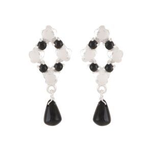 Black 925 Silver Floral Rhombus Drop Earrings