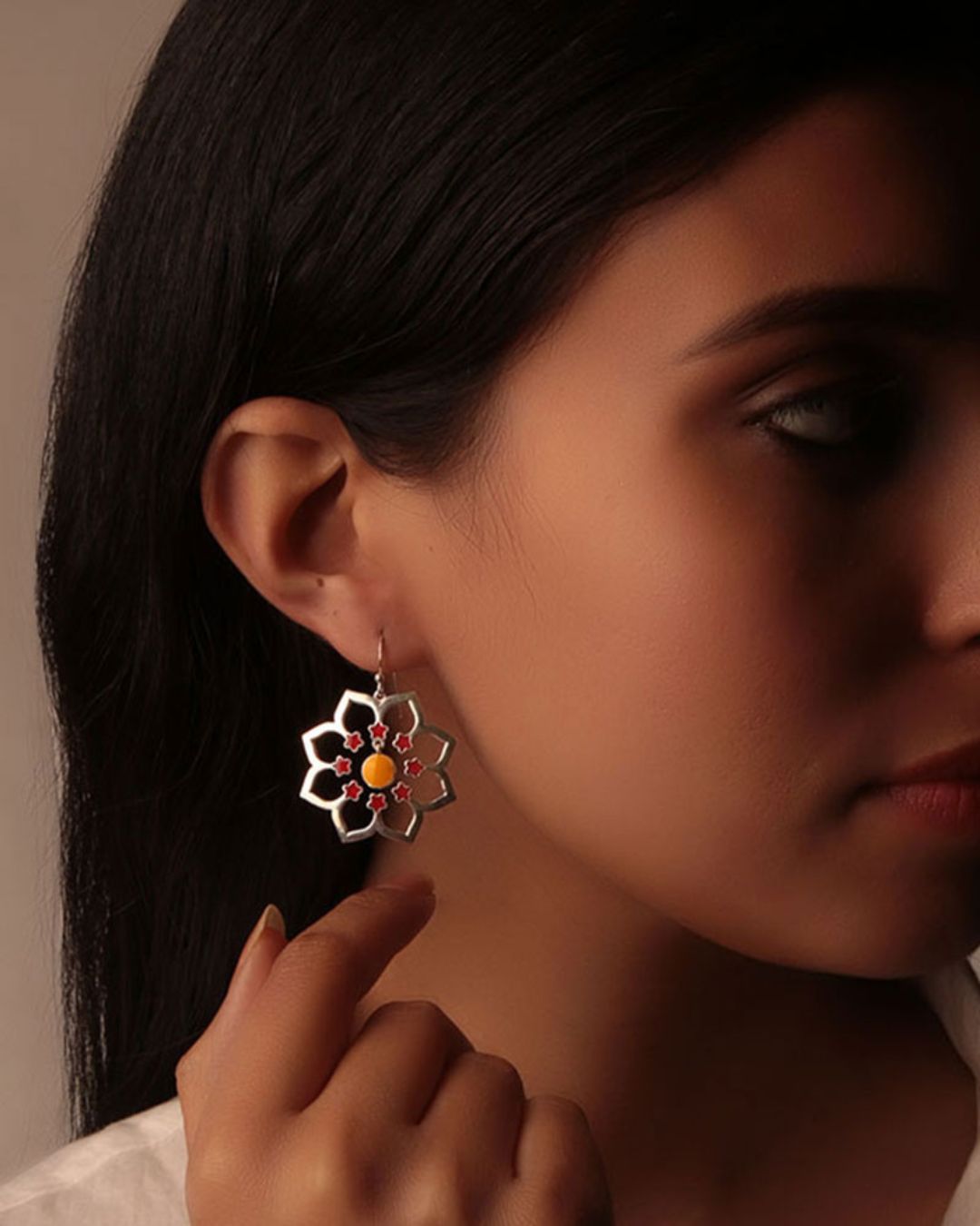 92.5 sterling silver earrings with red and yellow eenamel inspired by rangoli designs