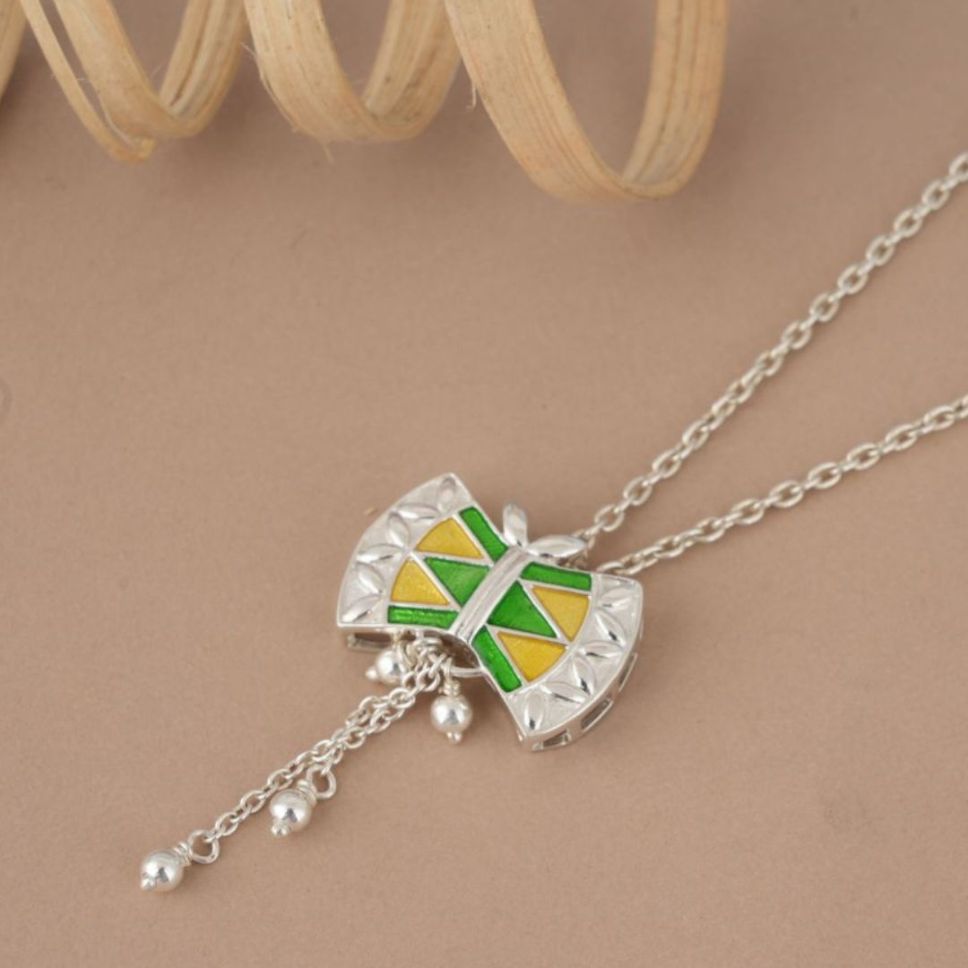 Damru 92.5 sterling silver pendant with green and yellow enamel Damru 92.5 sterling silver pendant with green and yellow enamel