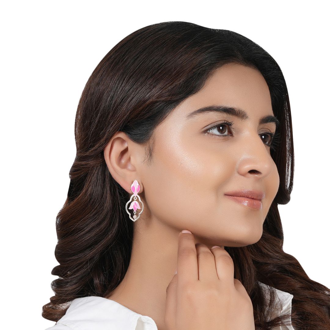 92.5 sterling silver dual shade pink enamel earrings inspired by Mughal motifs