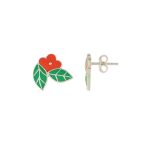 Flower leaf 92.5 sterling silver earrings with red green enamel