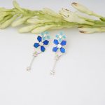 92.5 Sterling Silver Floral Dangler Earrings with blue enamel