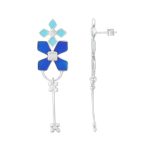 92.5 Sterling Silver Floral Dangler Earrings with blue enamel