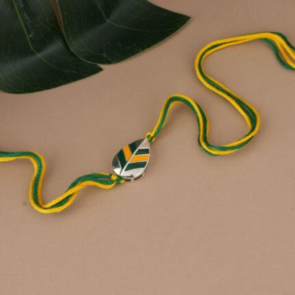Leaf 92.5 sterling silver rakhi with green and yellow enamel