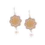 92.5 sterling silver flower cutwork with gold plated brass sheet dangler earrings