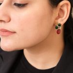 Gold plated 92.5 sterling silver red green square earrings with oval drop