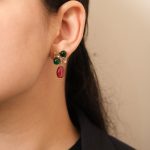 Gold plated 92.5 sterling silver red green square earrings with oval drop
