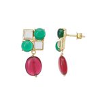 Gold plated 92.5 sterling silver red green square earrings with oval drop
