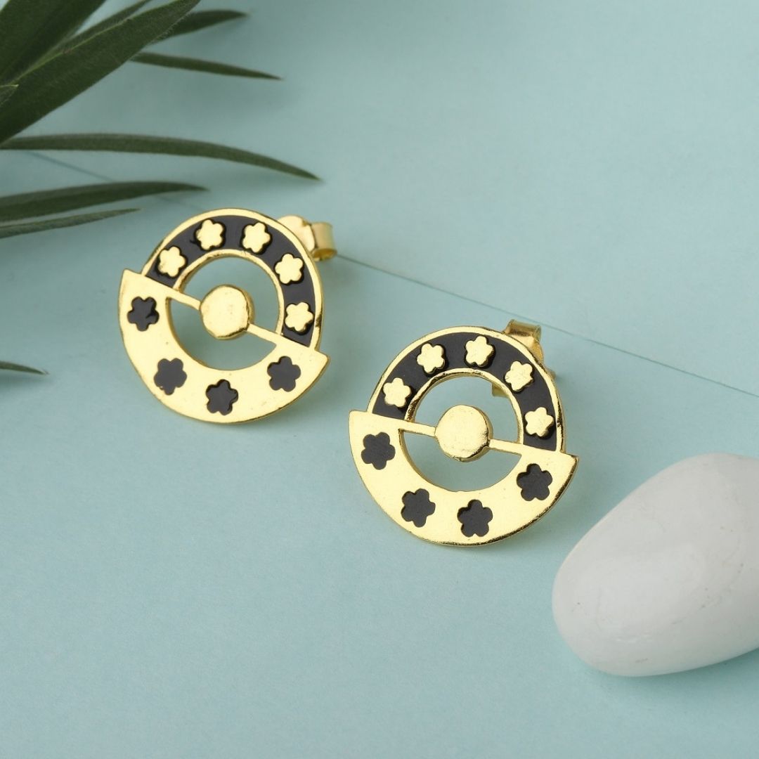 Gold Plated Black Round Floral 92.5 Sterling Silver Ear Studs Gold Plated Black Round Floral 92.5 Sterling Silver Ear Studs