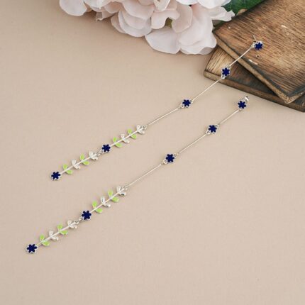 Blue Green Flower Leaf 925 Silver Shoulder Grazer Earrings