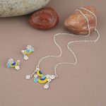 Chirp Charm 925 silver necklace earrings set with blue yellow enamel