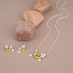 Chirp Charm 925 silver necklace earrings set with red yellow enamel