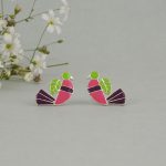 Bird 92.5 sterling silver ear studs with pink purple enamel