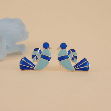 Bird 92.5 sterling silver ear studs with blue enamel