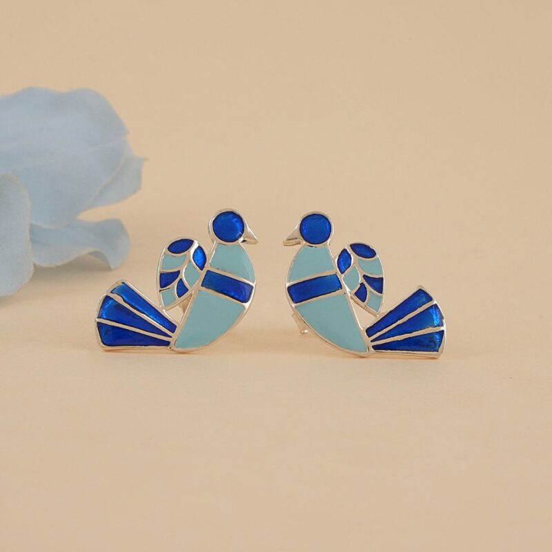 Bird 92.5 sterling silver ear studs with blue enamel