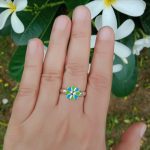 Tiny Flower 92.5 sterling silver ring with blue and green enamel