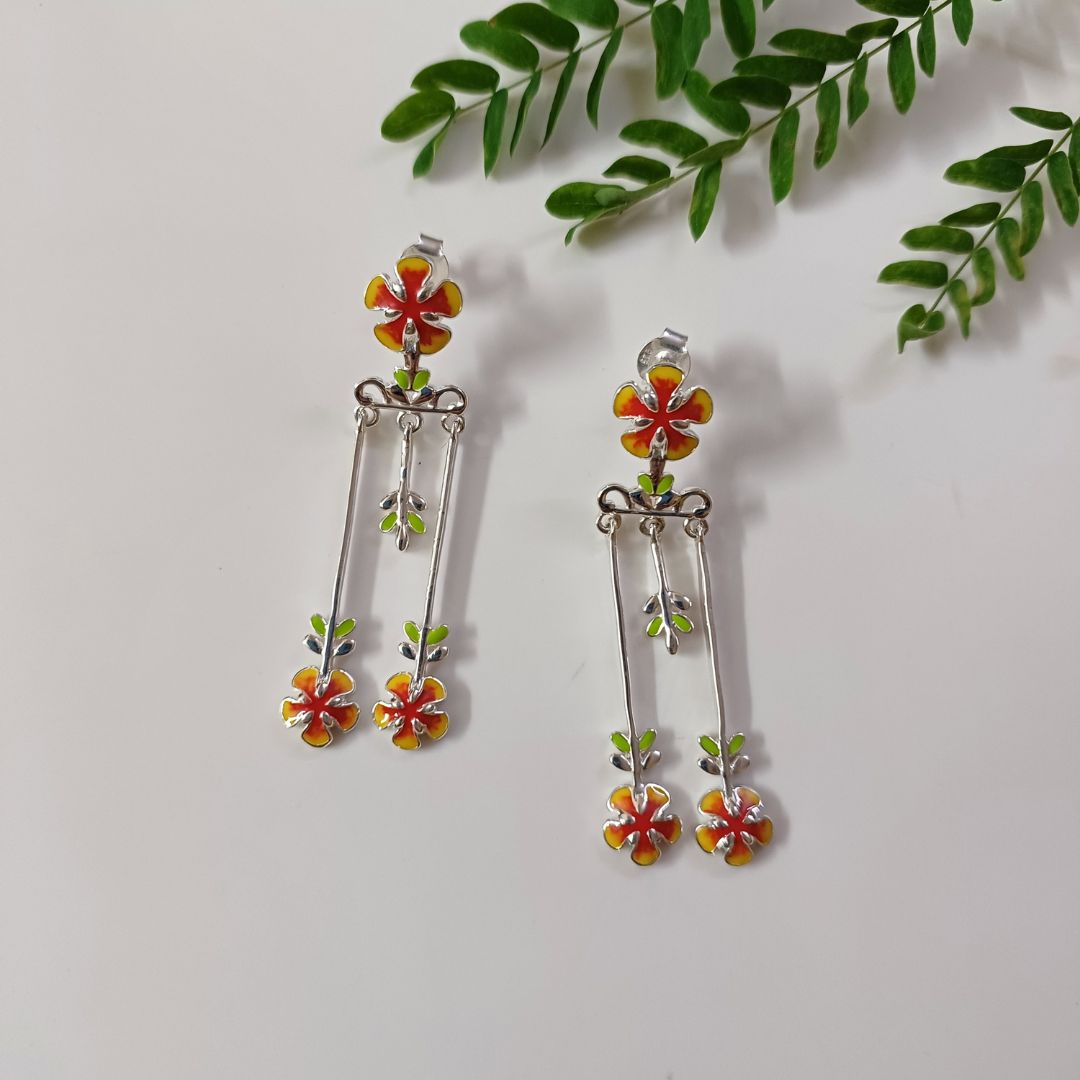 Gulmohar flower 92.5 sterling silver danglers with vibrant red yellow enamel Gulmohar flower 92.5 sterling silver danglers with vibrant red yellow enamel
