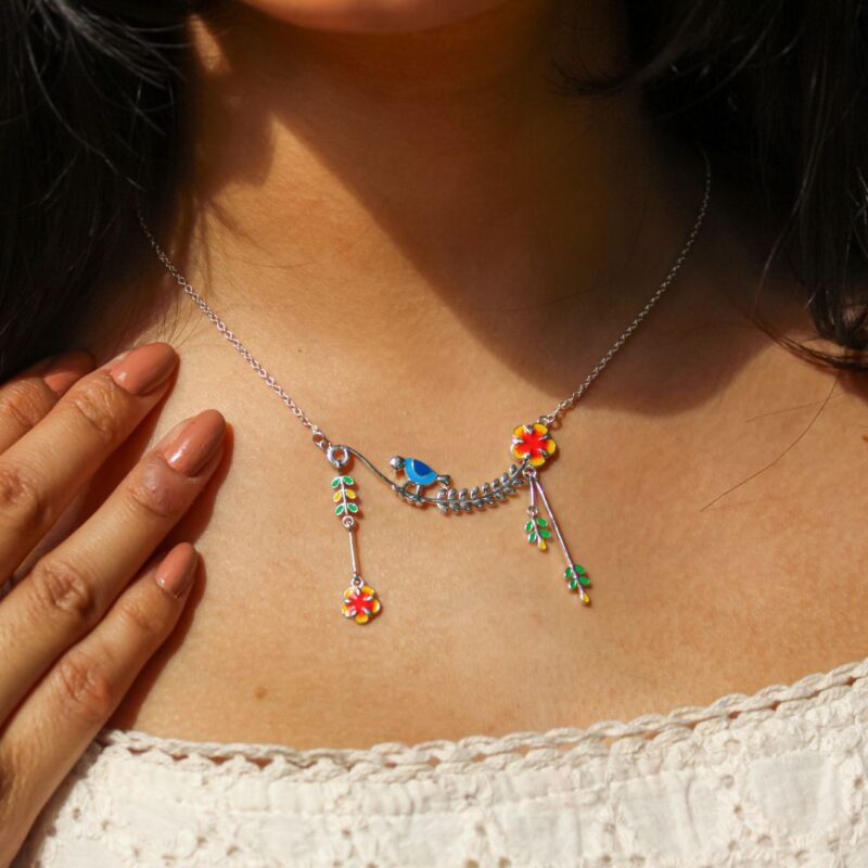 Birds & Gulmohar Flower 925 Silver Dangle Neckpiece